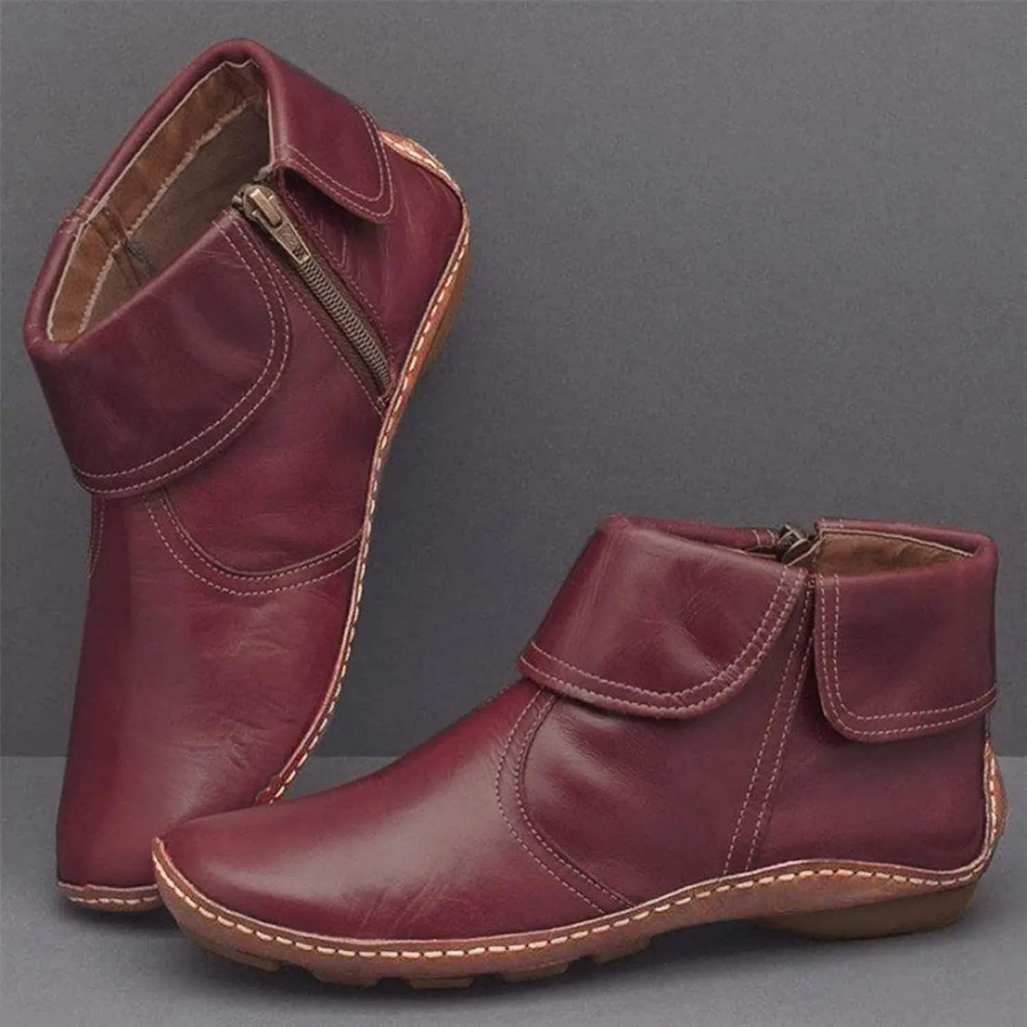 Ankle Boots for Women No Heel Arch Support Boots Side Zipper Flat Heel Booties Vintage Leather Damping Shoes