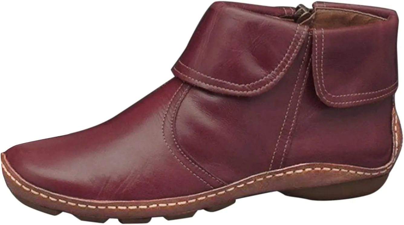 Ankle Boots for Women No Heel Arch Support Boots Side Zipper Flat Heel Booties Vintage Leather Damping Shoes