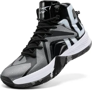 ASHION Mens Basketball Shoes Arch Support Sneakers Lightweight Anti Slip Sports Shoes for Outdoor Running Walking Black Silver 8.5