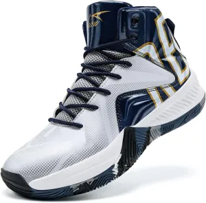 ASHION Mens Basketball Shoes High Top Sneakers Anti Slip Cushion Support Sports Shoes for Running Walking Classics White Blue 10