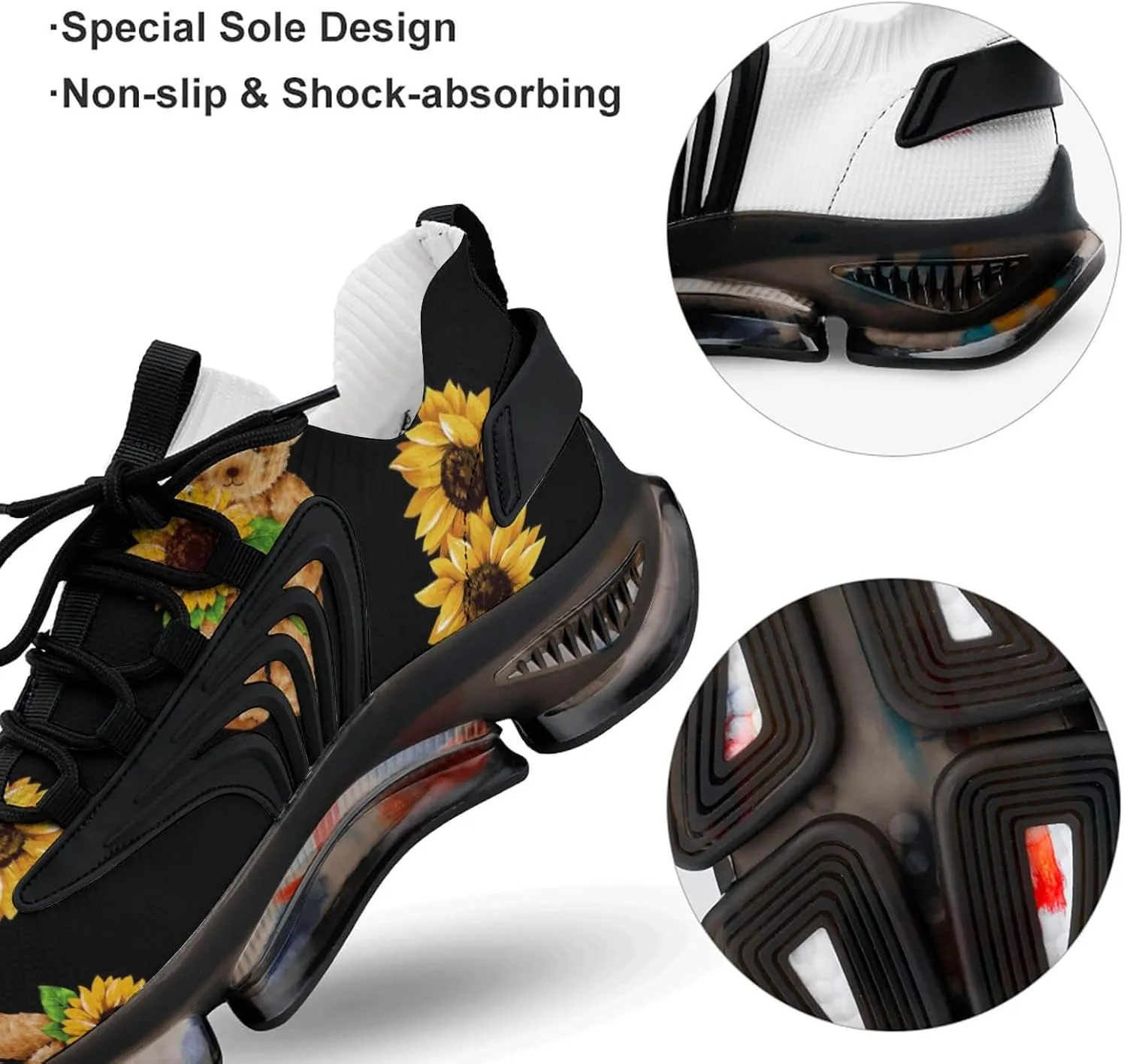 Bear and Sunflower Walking Shoes for Men Lightweight Tennis Fashion Elastic Sports Shoes Cushion Basketball Shoes