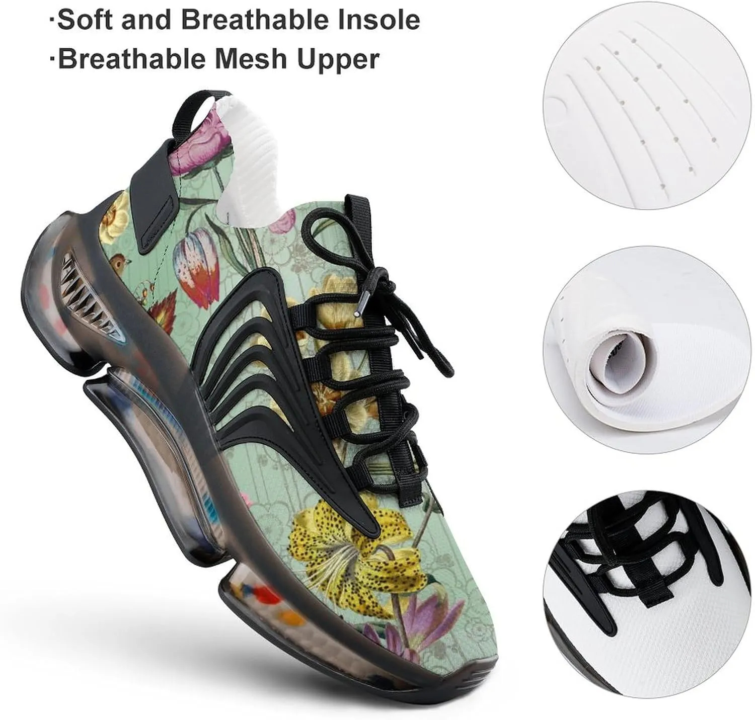 Beautiful Flower and Birds Walking Shoes for Men Lightweight Tennis Fashion Elastic Sports Shoes Cushion Basketball Shoes
