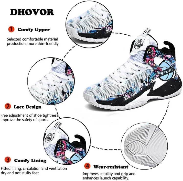 DHOVOR Boys Girls Basketball Shoes Kids Non-Slip Fashion Sneakers Walking Shoes Comfort Sports Shoes for Little Kid/Big Kid