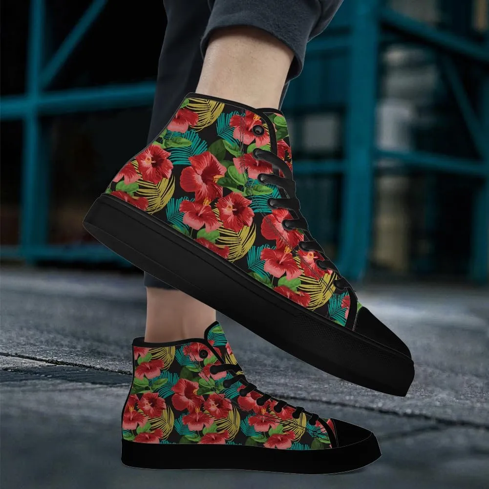 Hibiscus Shoes for Men Women Tropical High Top Canvas Sneakers Lace Up Casual Walking Shoes Gifts for Mama Papa