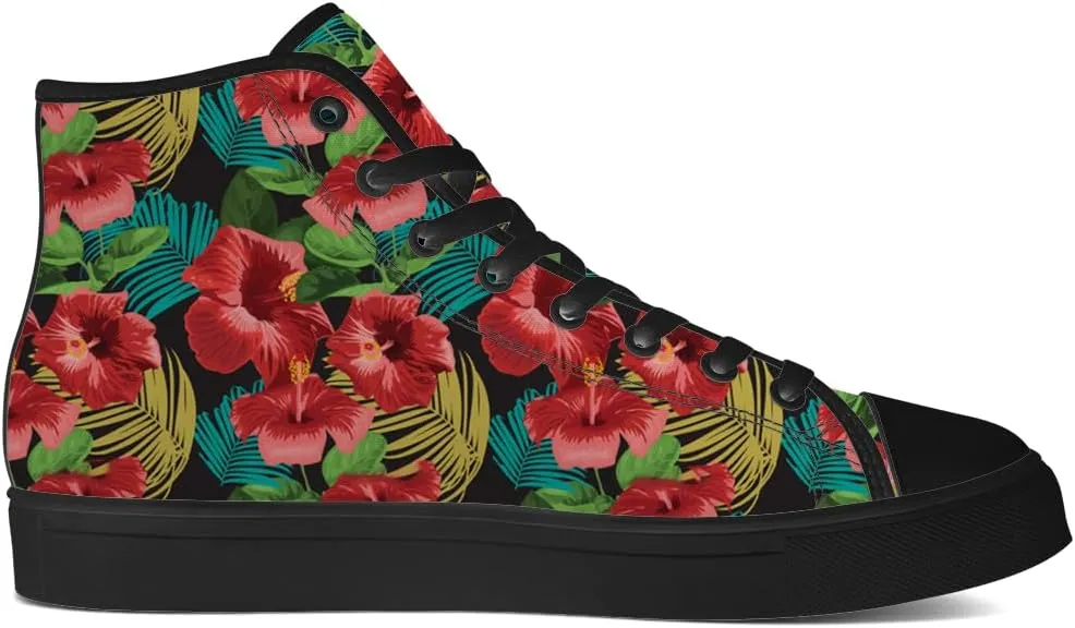 Hibiscus Shoes for Men Women Tropical High Top Canvas Sneakers Lace Up Casual Walking Shoes Gifts for Mama Papa