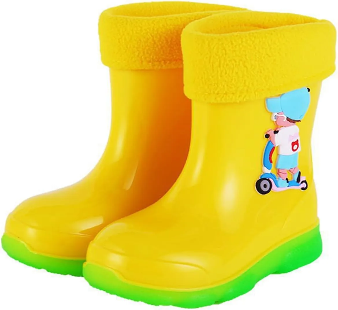 Kids Fleece Lined Rain Boots for Girls Boys Toddler Waterproof Cute Cartoon Pattern Platform Mud Kids Boots Size 3