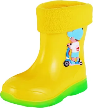 Kids Fleece Lined Rain Boots for Girls Boys Toddler Waterproof Cute Cartoon Pattern Platform Mud Kids Boots Size 3