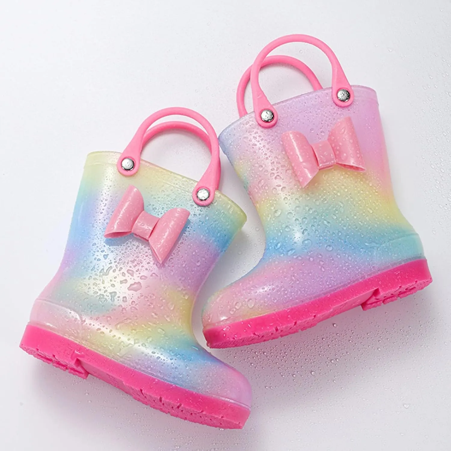 Kids Tie Dye Waterproof Rain Boot with Pull on Handles Toddler Girls Bow Rain Boots Rubber Boots Cute Water Shoes