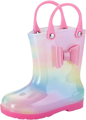 Kids Tie Dye Waterproof Rain Boot with Pull on Handles Toddler Girls Bow Rain Boots Rubber Boots Cute Water Shoes