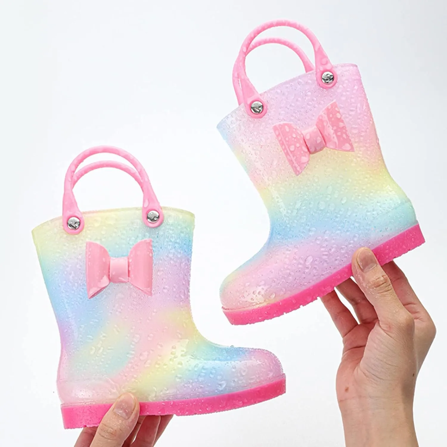Kids Tie Dye Waterproof Rain Boot with Pull on Handles Toddler Girls Bow Rain Boots Rubber Boots Cute Water Shoes