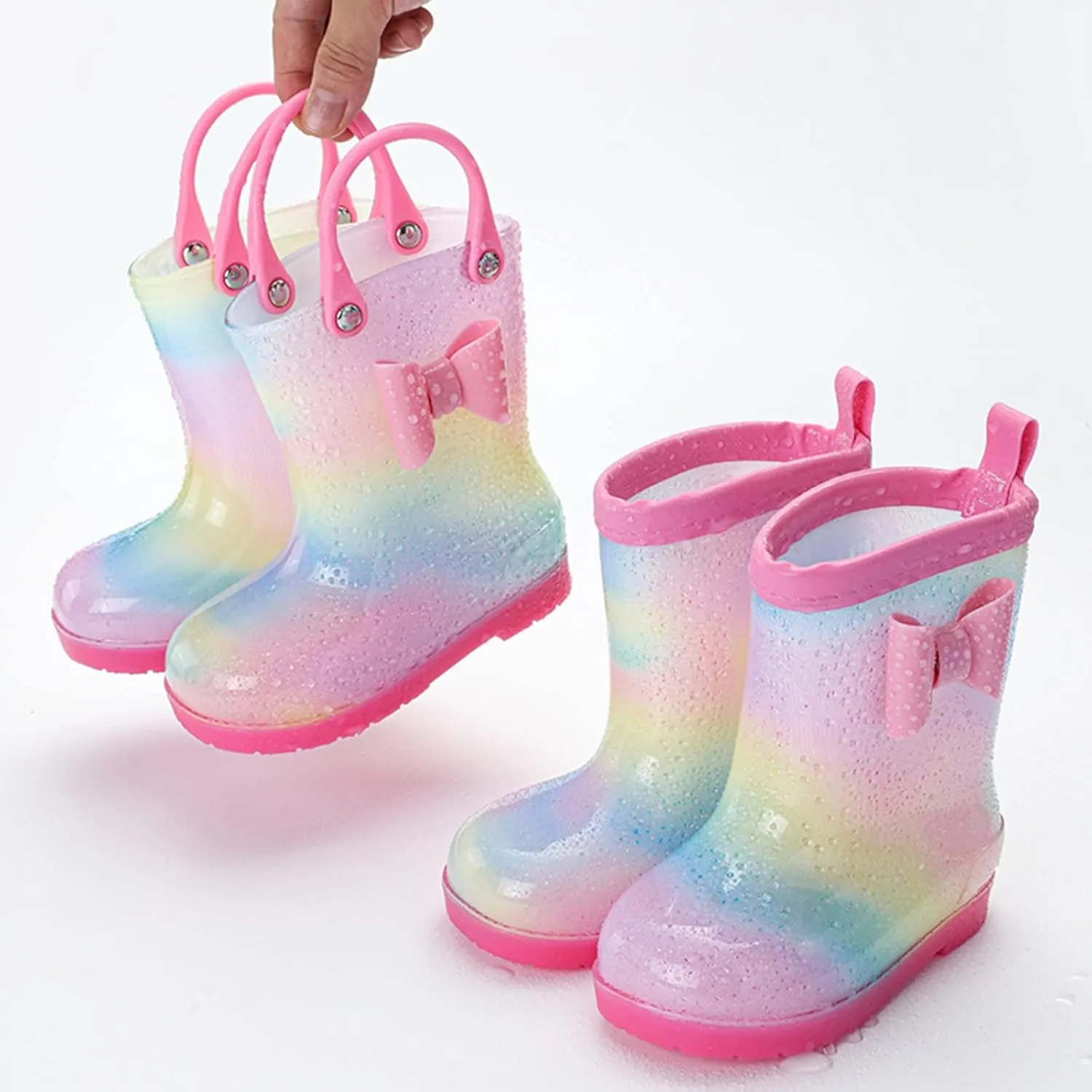 Kids Tie Dye Waterproof Rain Boot with Pull on Handles Toddler Girls Bow Rain Boots Rubber Boots Cute Water Shoes