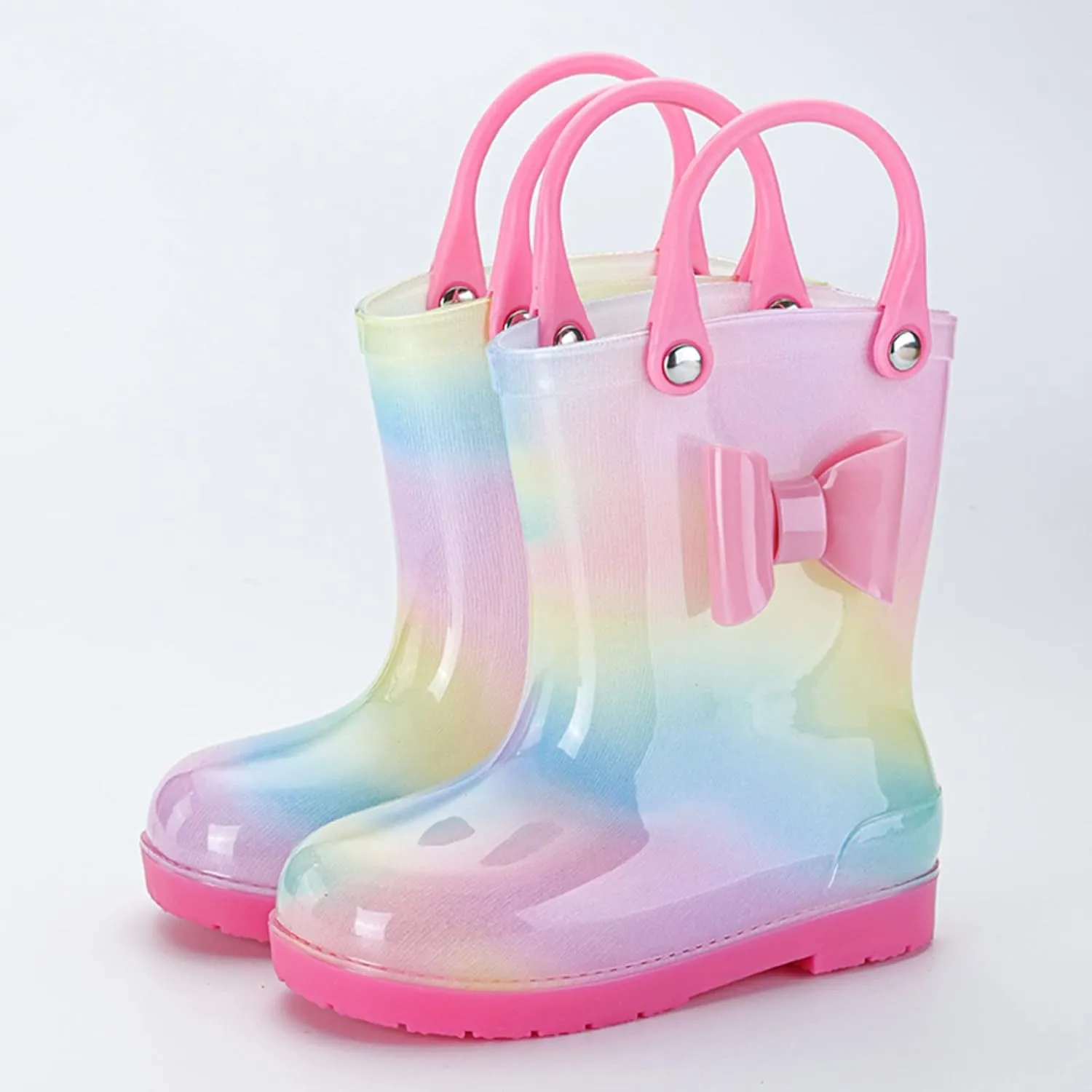 Kids Tie Dye Waterproof Rain Boot with Pull on Handles Toddler Girls Bow Rain Boots Rubber Boots Cute Water Shoes