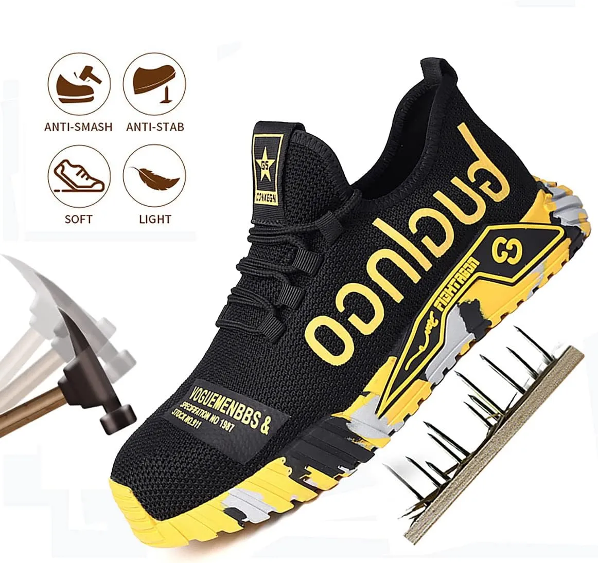 Men Women Indestructible Work Shoes,Lightweight Safety Shoes Slip Resistant Work Sneaker Breathable Puncture Proof Shoes
