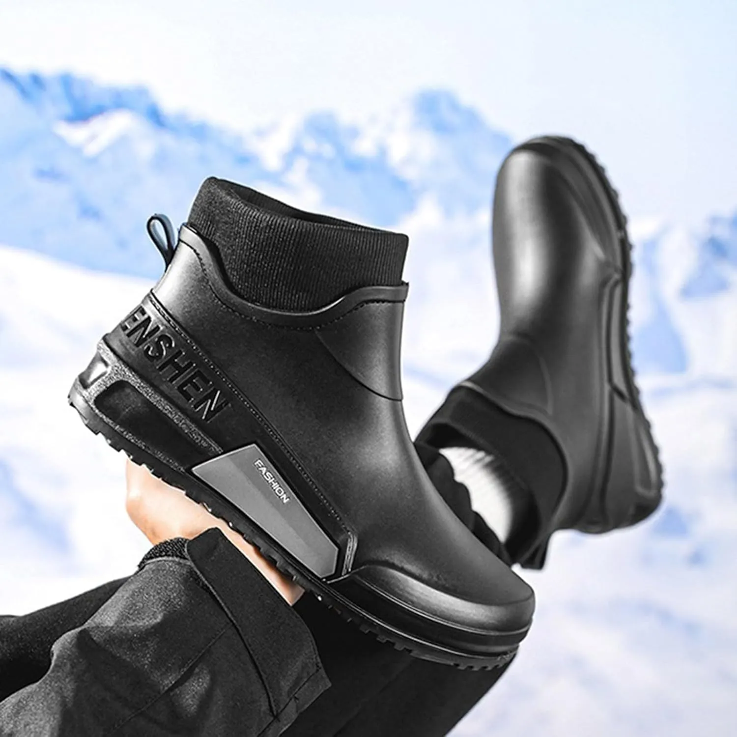 Men's Rain Boots Wide Calf Waterproof Rubber Boots Wide Width Non Slip Work Boots Ankle Short Rain Boots