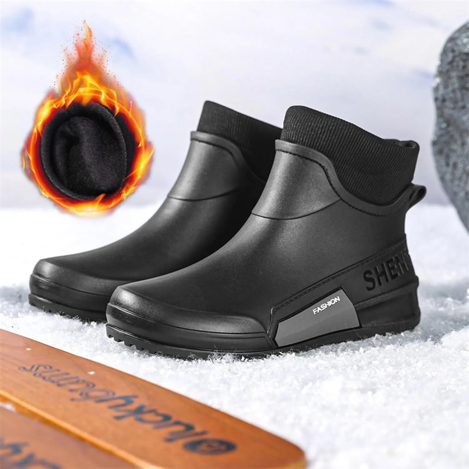 Men's Rain Boots Wide Calf Waterproof Rubber Boots Wide Width Non Slip Work Boots Ankle Short Rain Boots