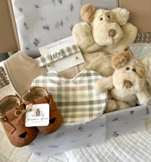 Personalised Baby Boy Gift Hamper | Puppy Dog Baby Toy Sage & Beige