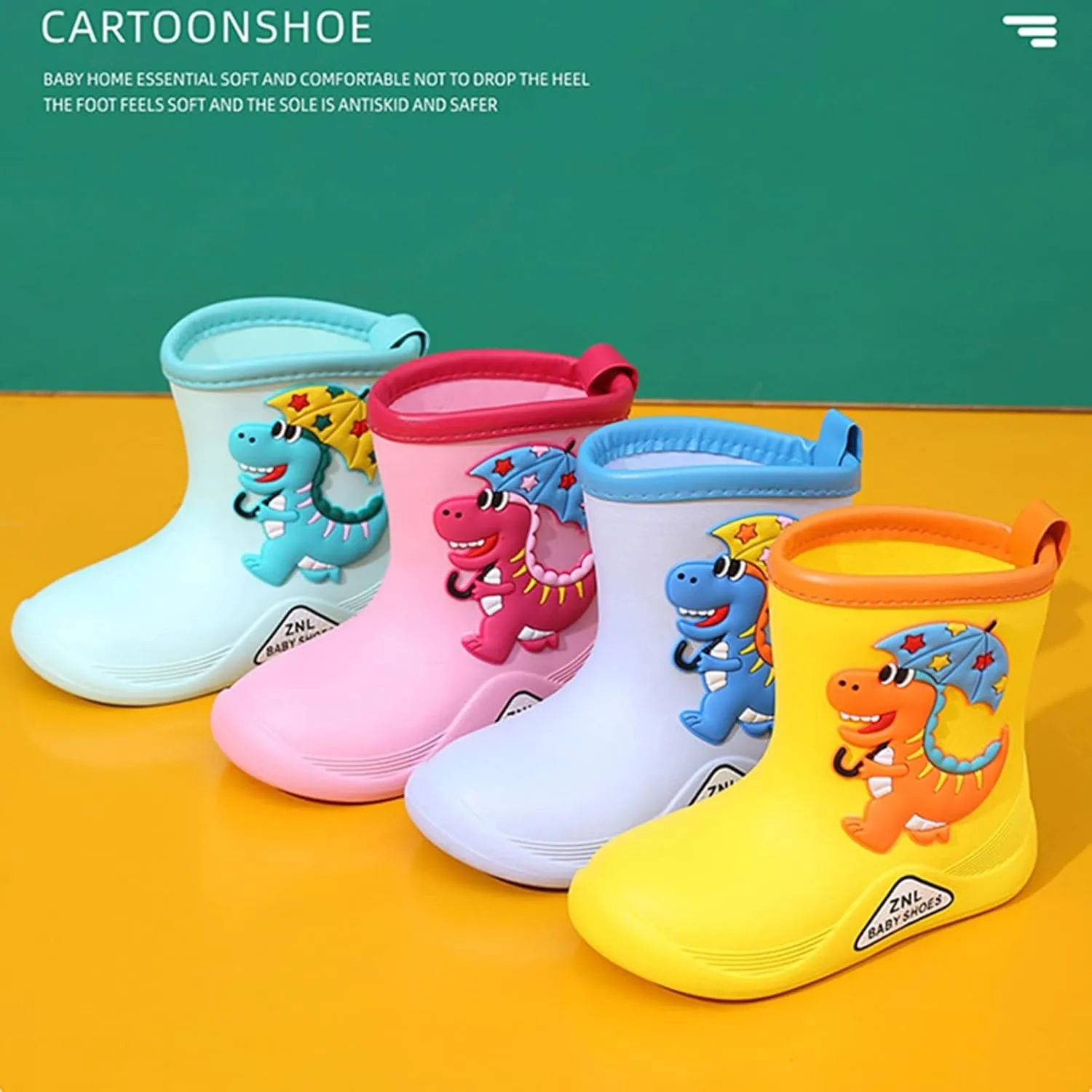 Toddler Dinosaur Rain Boots Waterproof Rubber Kids Rain Boots for Girls Boys Outdoor Non Slip Soft Garden Boots