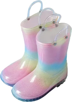 Toddler Glitter Rain Boots With Handles Outdoors Kids Rainbow Rain Boots Waterproof Rubber Boots Boys Rubber Boots
