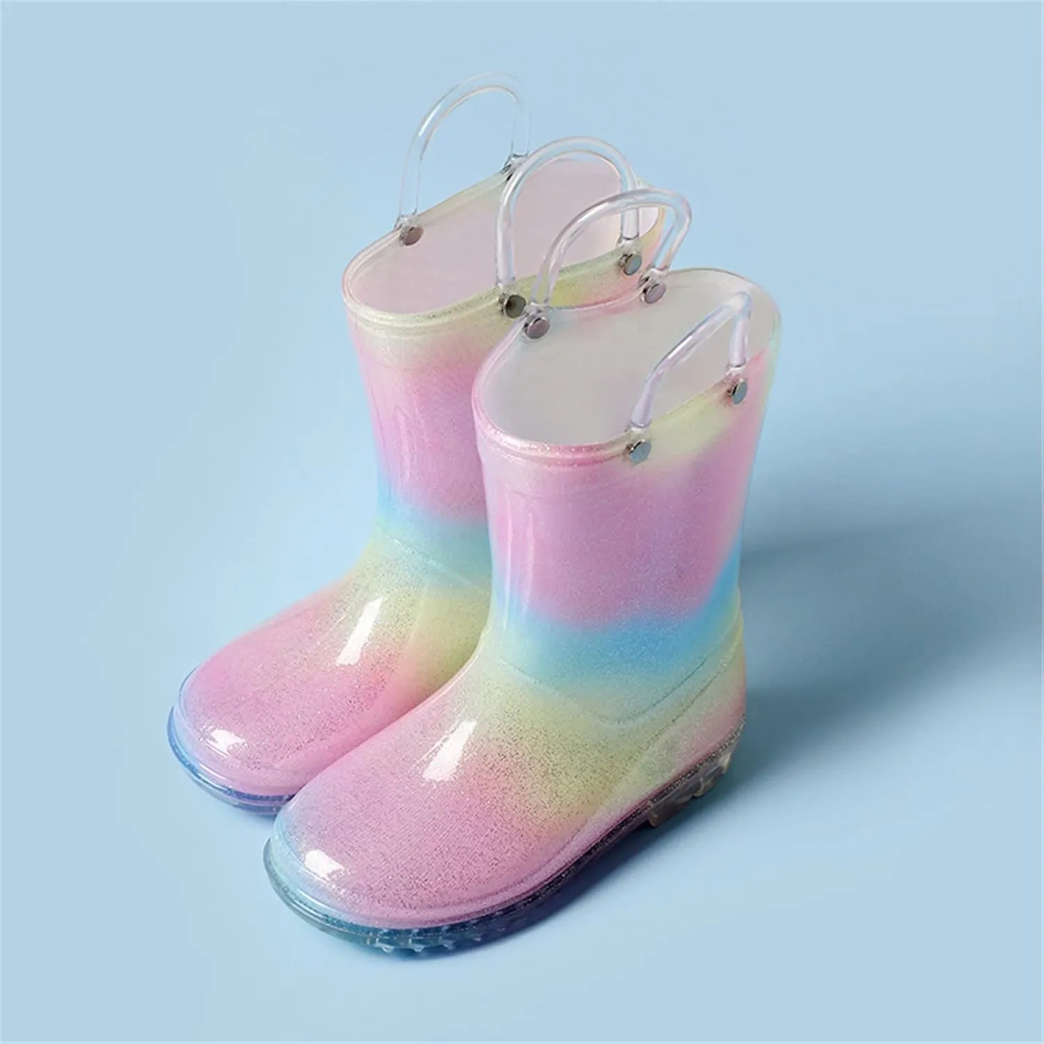 Toddler Glitter Rain Boots With Handles Outdoors Kids Rainbow Rain Boots Waterproof Rubber Boots Boys Rubber Boots