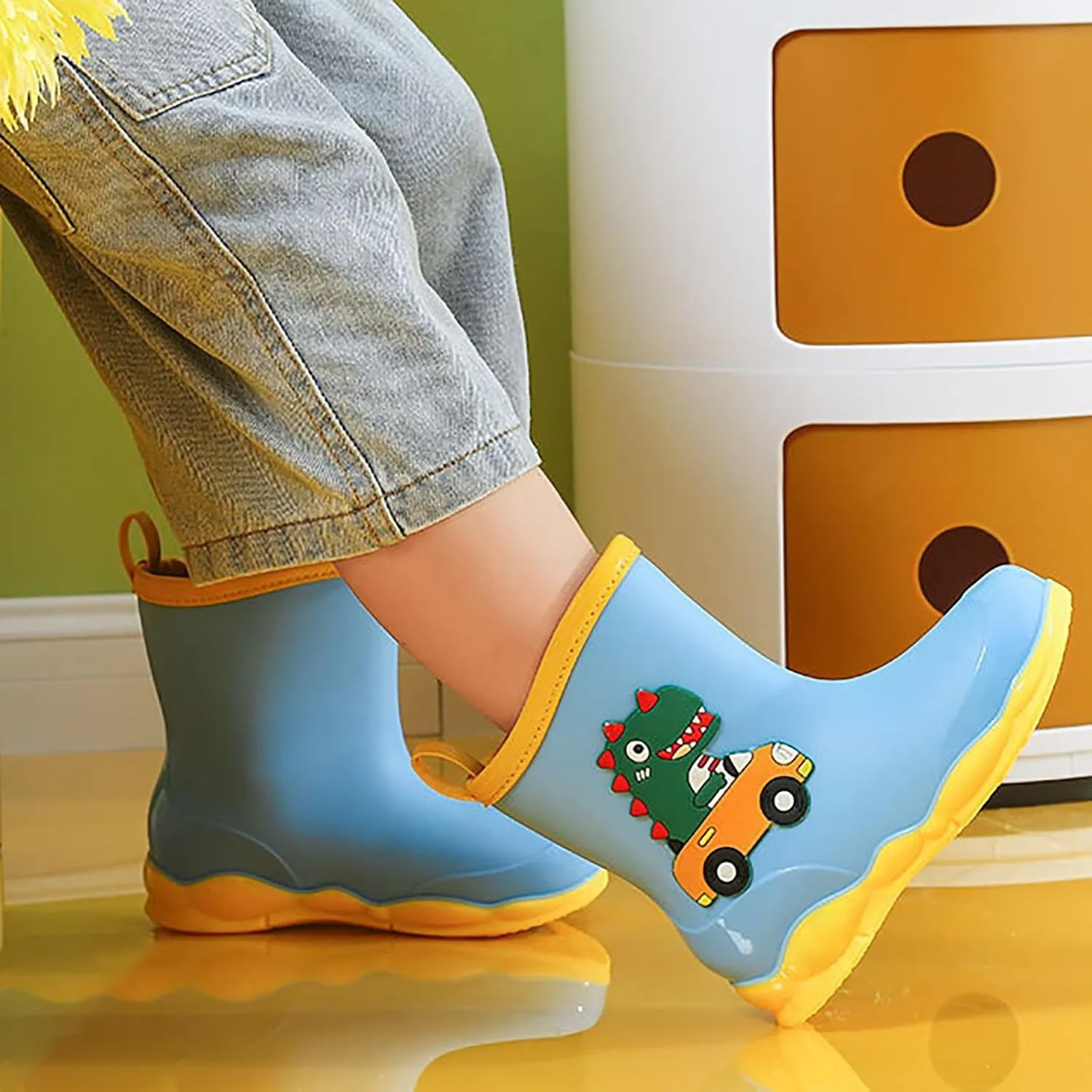 Toddler Kids Waterproof Cute Cartoon Dinosaur Printed Rain Boots Patterns Rubber Boots for Little Boys and Girls