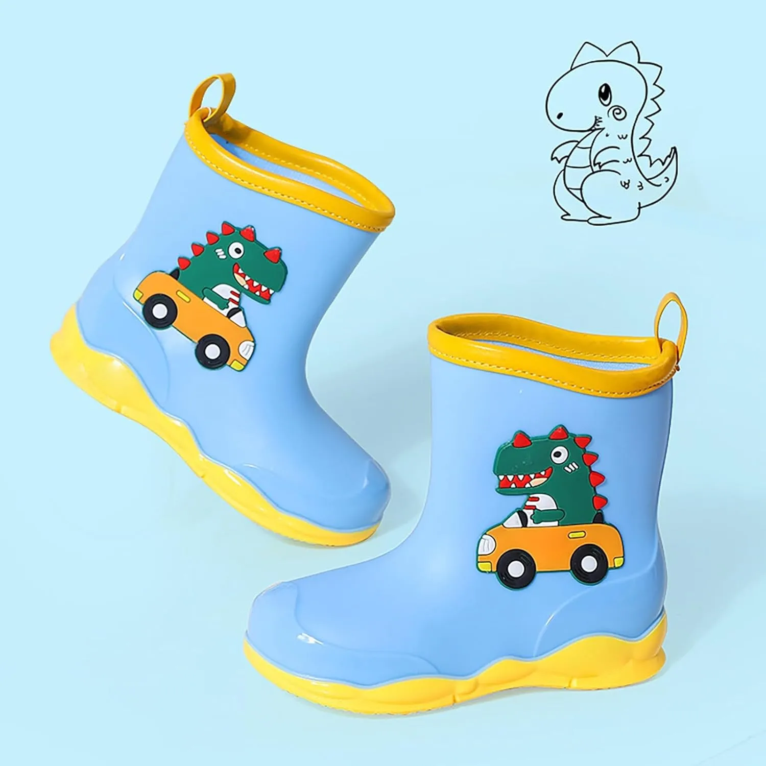 Toddler Kids Waterproof Cute Cartoon Dinosaur Printed Rain Boots Patterns Rubber Boots for Little Boys and Girls