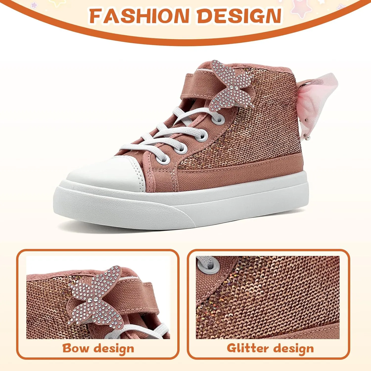 Toddler Sneakers for Girls Boys Canvas High Top Kids Fashion Sparkle Sequins Bow Shoes Running Walking Casual Shoes