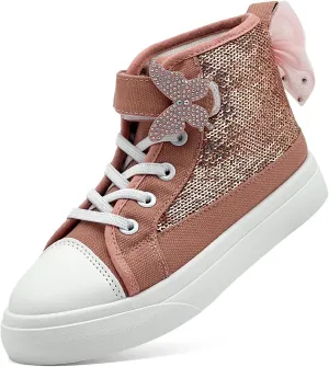 Toddler Sneakers for Girls Boys Canvas High Top Kids Fashion Sparkle Sequins Bow Shoes Running Walking Casual Shoes