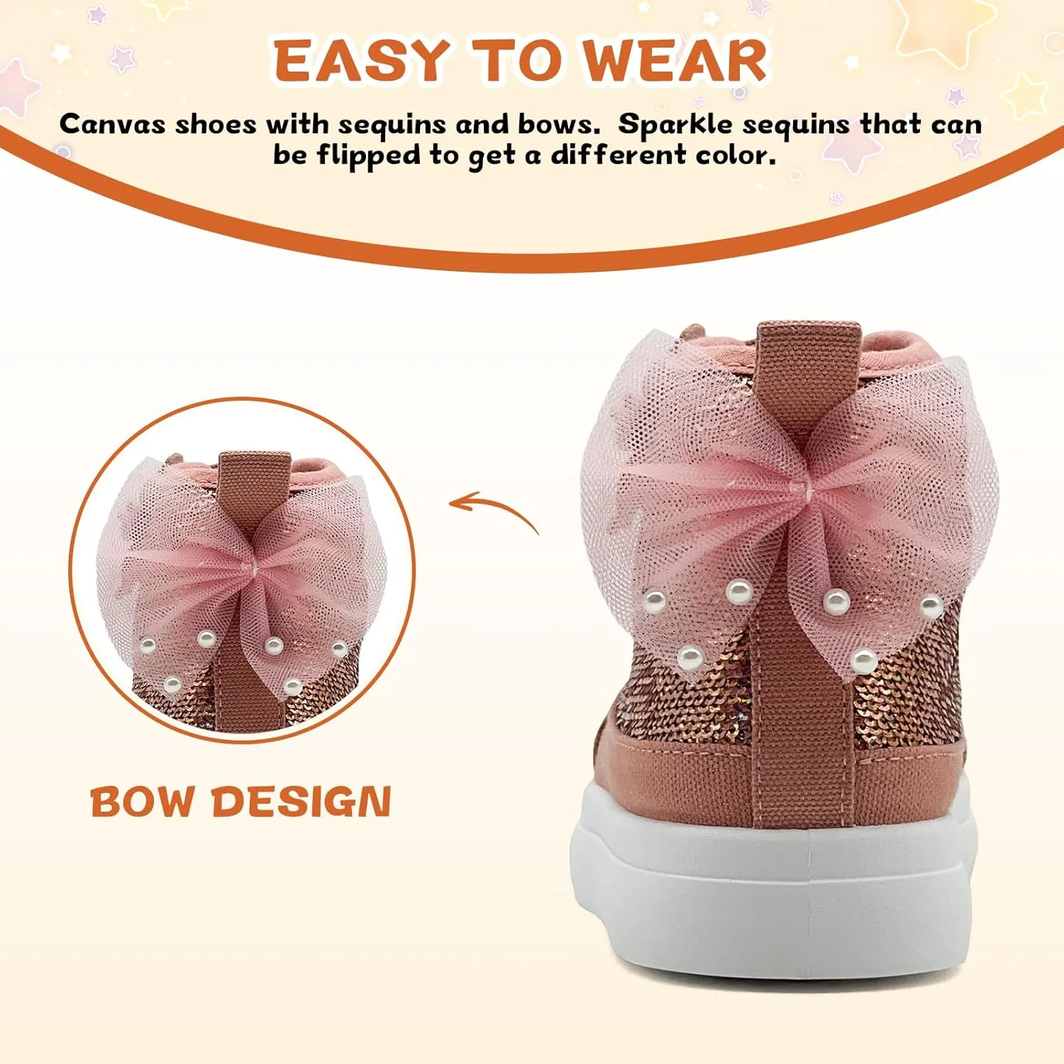 Toddler Sneakers for Girls Boys Canvas High Top Kids Fashion Sparkle Sequins Bow Shoes Running Walking Casual Shoes