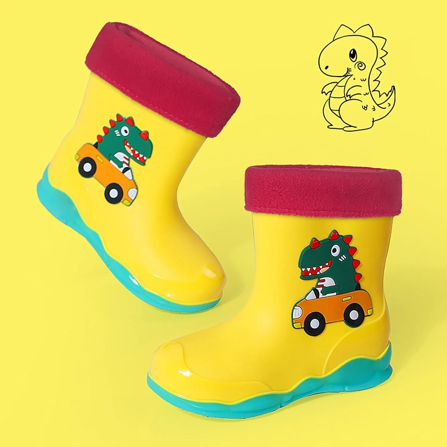 Unisex-Child Kids Rubber Waterproof Rain Boot for Boys and Girls Cute Dinosaur Cartoon Rain Shoes Mud Boots Winter