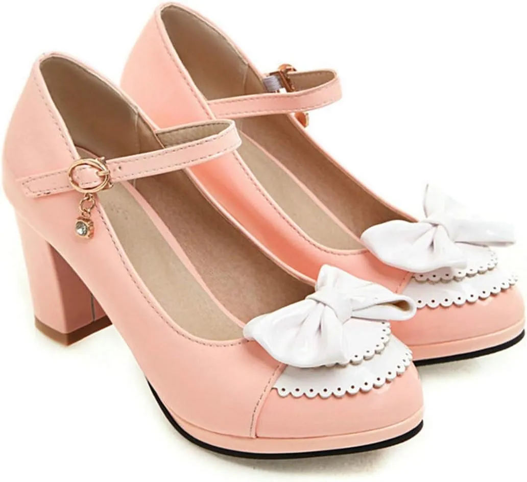 VOKLIN Women's Girls Lolita Ankle Strap Mary Jane Pumps Sweet Bow Platform Block High Heel Oxford Dress Shoes