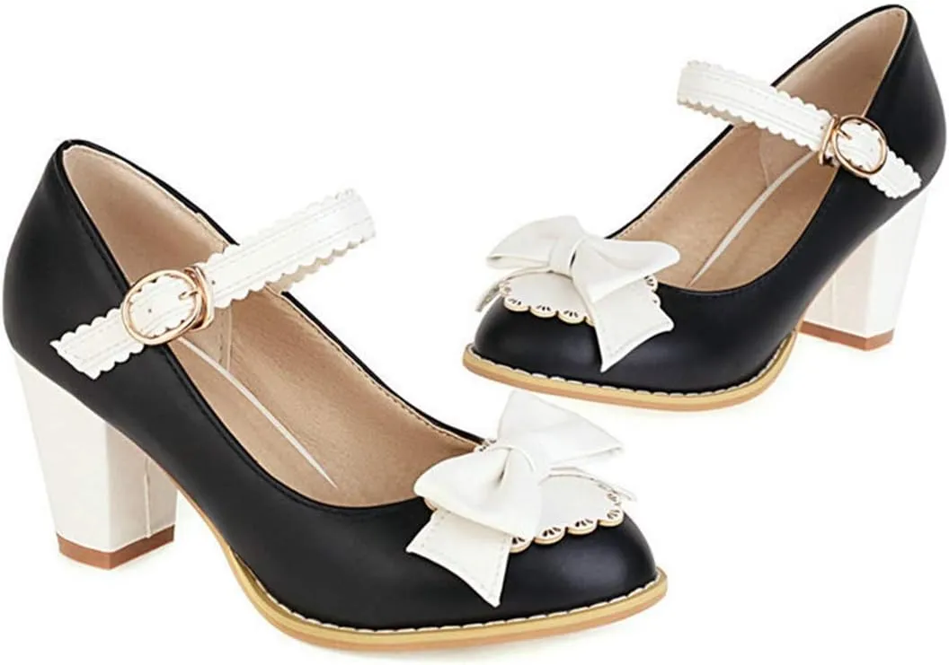 VOKLIN Women's Girls Lolita Ankle Strap Mary Jane Pumps Sweet Bow Platform Block High Heel Oxford Dress Shoes