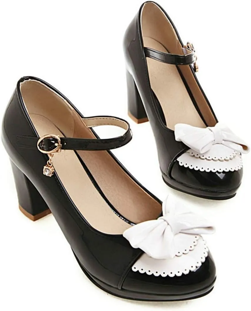 VOKLIN Women's Girls Lolita Ankle Strap Mary Jane Pumps Sweet Bow Platform Block High Heel Oxford Dress Shoes
