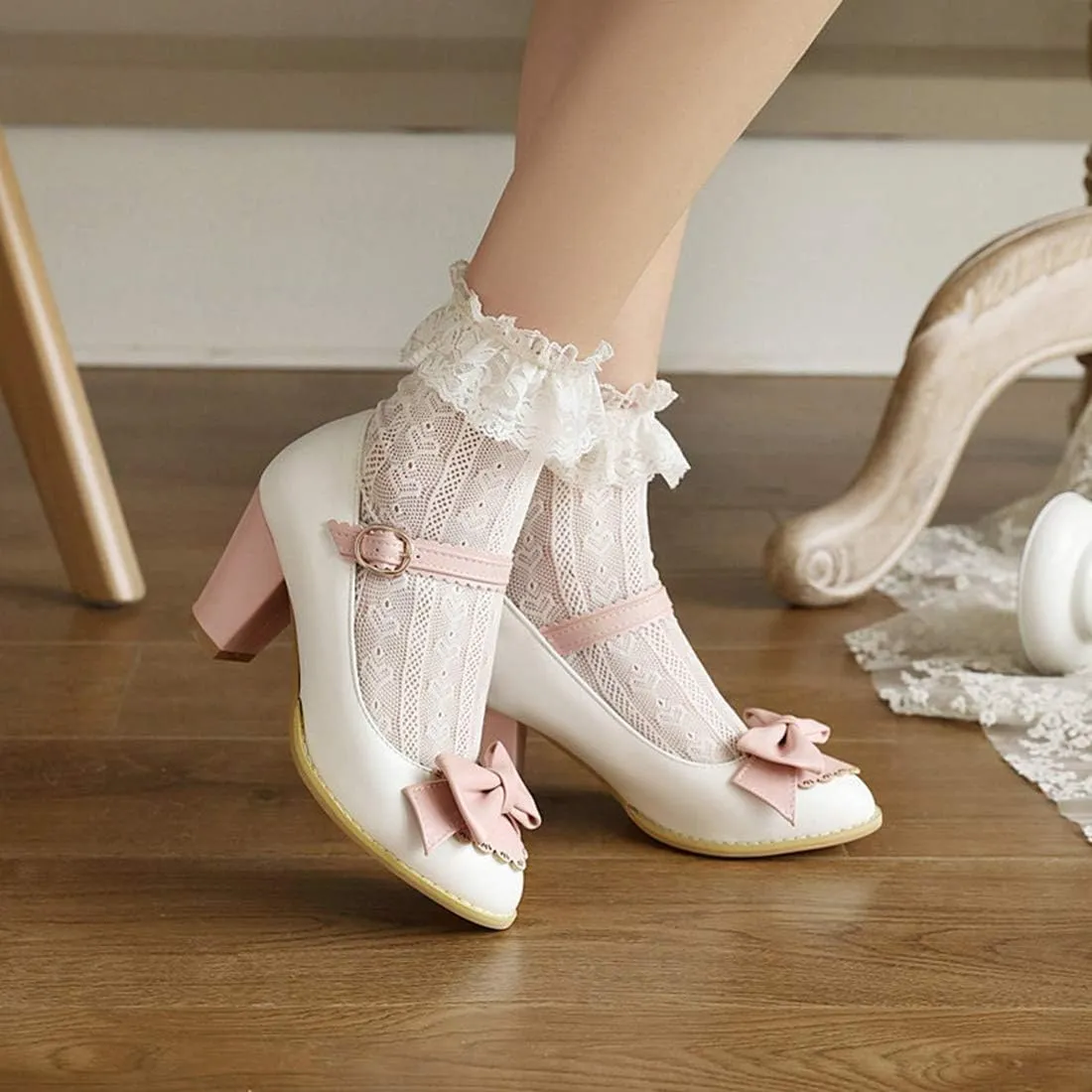 VOKLIN Women's Girls Lolita Ankle Strap Mary Jane Pumps Sweet Bow Platform Block High Heel Oxford Dress Shoes