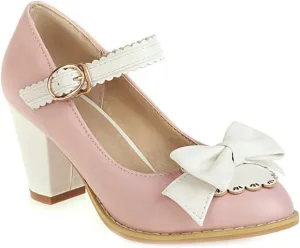 VOKLIN Women's Girls Lolita Ankle Strap Mary Jane Pumps Sweet Bow Platform Block High Heel Oxford Dress Shoes
