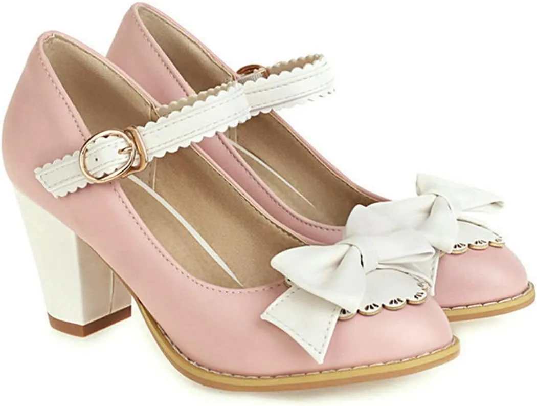 VOKLIN Women's Girls Lolita Ankle Strap Mary Jane Pumps Sweet Bow Platform Block High Heel Oxford Dress Shoes