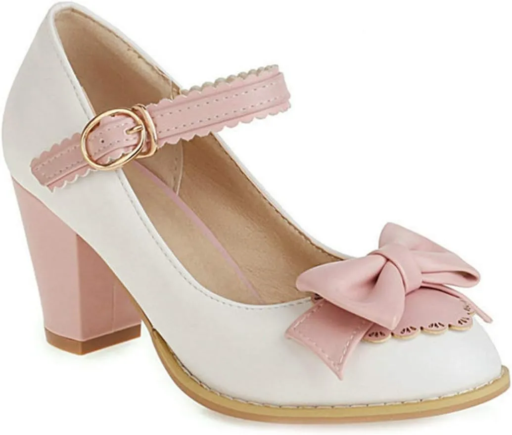 VOKLIN Women's Girls Lolita Ankle Strap Mary Jane Pumps Sweet Bow Platform Block High Heel Oxford Dress Shoes