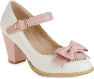 VOKLIN Women's Girls Lolita Ankle Strap Mary Jane Pumps Sweet Bow Platform Block High Heel Oxford Dress Shoes
