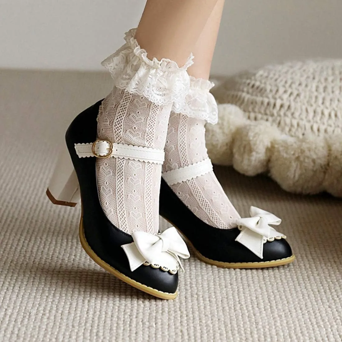 VOKLIN Women's Girls Lolita Ankle Strap Mary Jane Pumps Sweet Bow Platform Block High Heel Oxford Dress Shoes