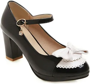 VOKLIN Women's Girls Lolita Ankle Strap Mary Jane Pumps Sweet Bow Platform Block High Heel Oxford Dress Shoes