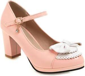 VOKLIN Women's Girls Lolita Ankle Strap Mary Jane Pumps Sweet Bow Platform Block High Heel Oxford Dress Shoes