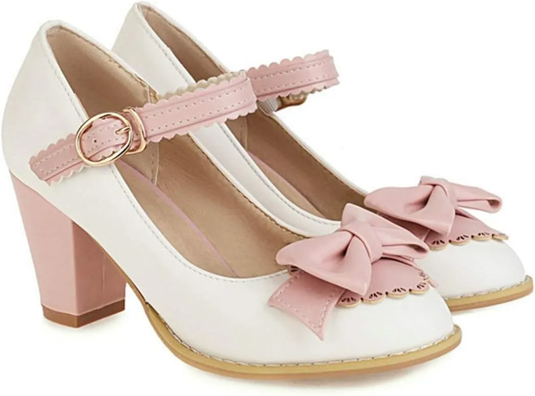 VOKLIN Women's Girls Lolita Ankle Strap Mary Jane Pumps Sweet Bow Platform Block High Heel Oxford Dress Shoes