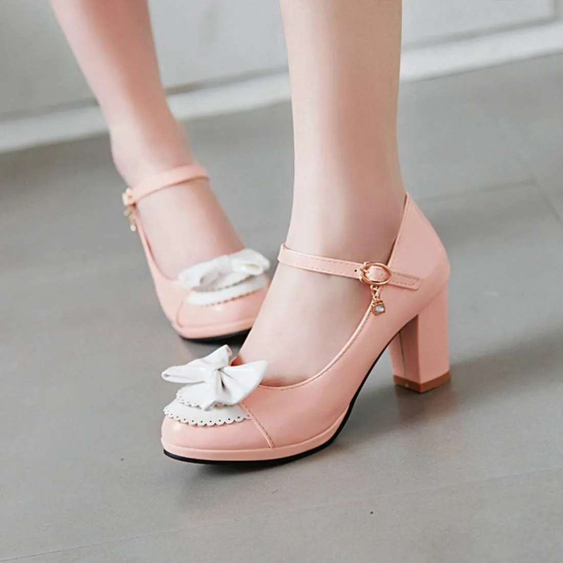 VOKLIN Women's Girls Lolita Ankle Strap Mary Jane Pumps Sweet Bow Platform Block High Heel Oxford Dress Shoes