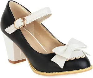 VOKLIN Women's Girls Lolita Ankle Strap Mary Jane Pumps Sweet Bow Platform Block High Heel Oxford Dress Shoes