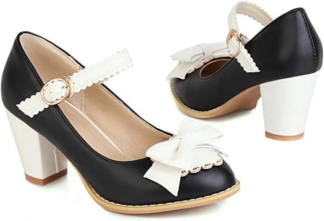 VOKLIN Women's Girls Lolita Ankle Strap Mary Jane Pumps Sweet Bow Platform Block High Heel Oxford Dress Shoes