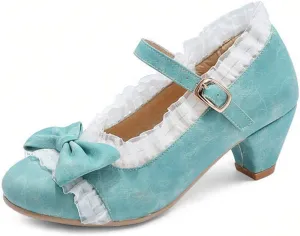 VOKLIN Women's Girls Lolita Low Heel Mary Jane Shoes Sweet Bow Lace Ankle Strap Princess Oxford Dress Pumps