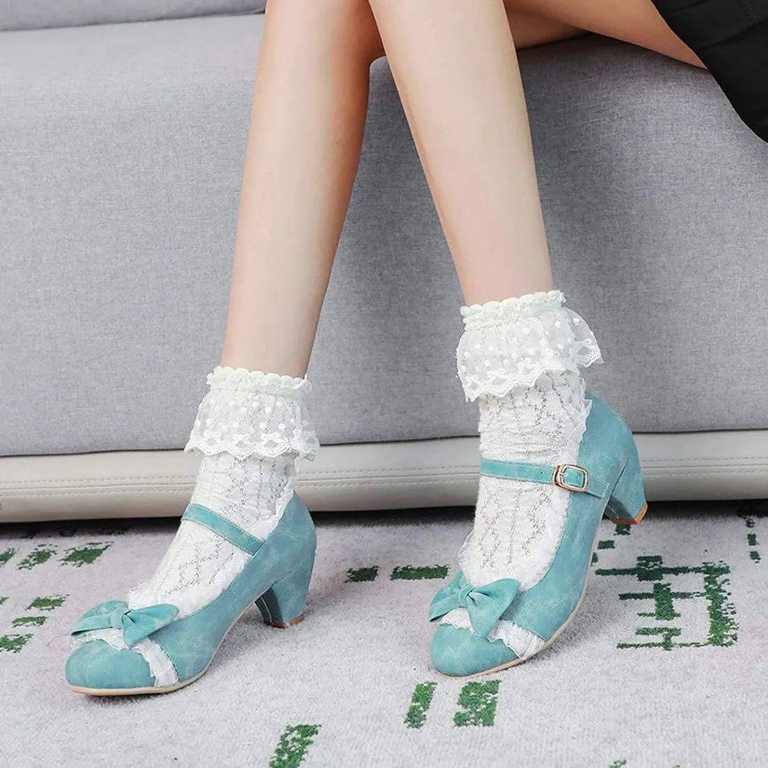 VOKLIN Women's Girls Lolita Low Heel Mary Jane Shoes Sweet Bow Lace Ankle Strap Princess Oxford Dress Pumps