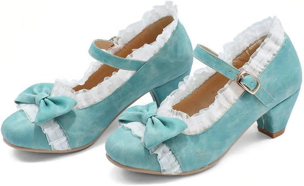 VOKLIN Women's Girls Lolita Low Heel Mary Jane Shoes Sweet Bow Lace Ankle Strap Princess Oxford Dress Pumps