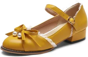 VOKLIN Women's Girls Lolita Mary Jane Flats Sweet Bow Ankle Strap Low Heel School Uniform Oxford Dress Shoes