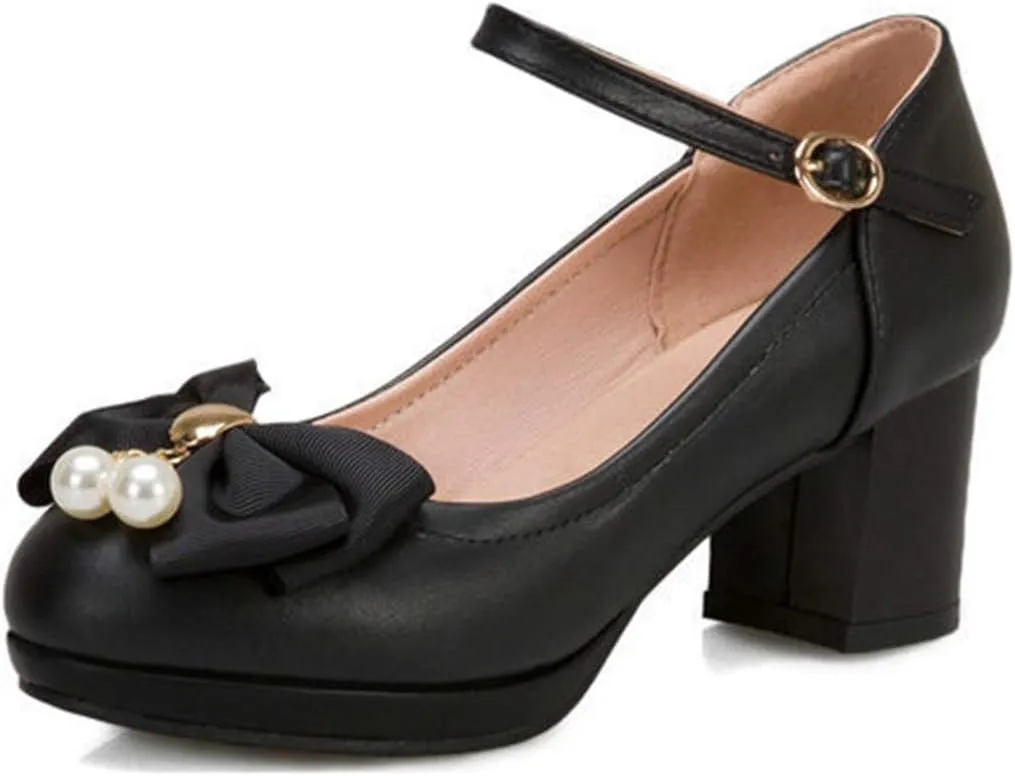 VOKLIN Women's Girls Lolita Mary Jane Pumps Cute Bow Ankle Strap Block Mid Heel Princess Oxford Dress Shoes