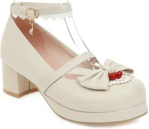 VOKLIN Women's Girls Lolita Mary Jane Pumps Cute Bow Ankle Strap Block Mid Heel Princess Oxford Dress Shoes